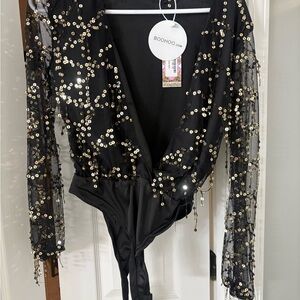 Boohoo Black and Gold Sequin Bodysuit